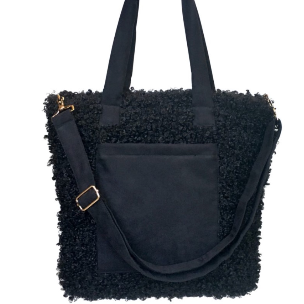 Faux  Curly Fur Tote w/ Laptop Sleeve & Removable Strap - Black